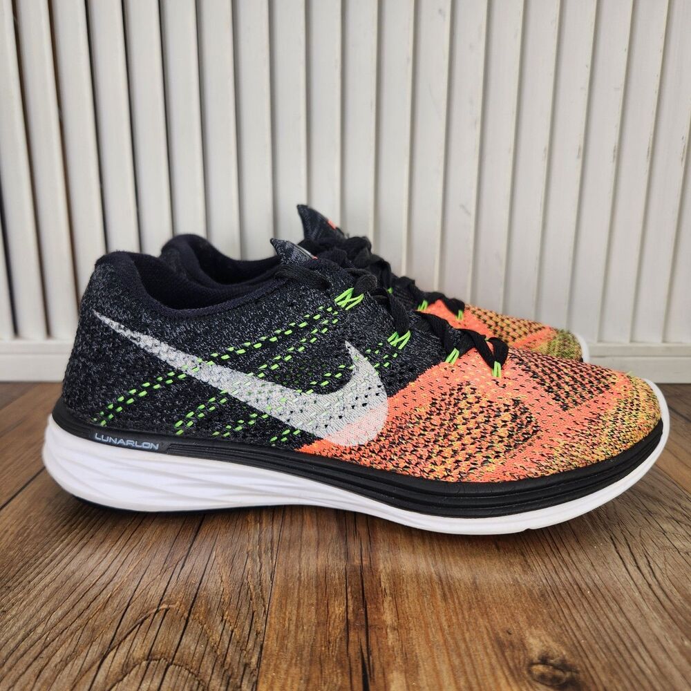 Nike Flyknit Lunar 3 Running Shoes Womens Sz 8 Black Hot Lava Sneaker 698182-007